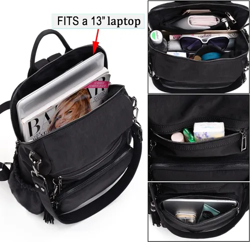 Vista 4 de UTO Mochila de cuero vegano para mujer, diseño de moda, convertible con borla, para viajes, con borla