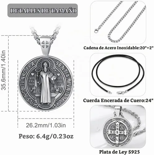 Vista 3 de EUDORA Medalla de plata de ley S925 con collar de San Patrono para mujeres A01-Saint Benedict Medalla