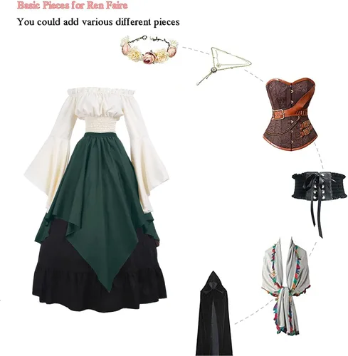 Vista 6 de CR ROLECOS Disfraz renacentista para mujer, vestido medieval campesino, manga trompeta, camisa y falda victoriana