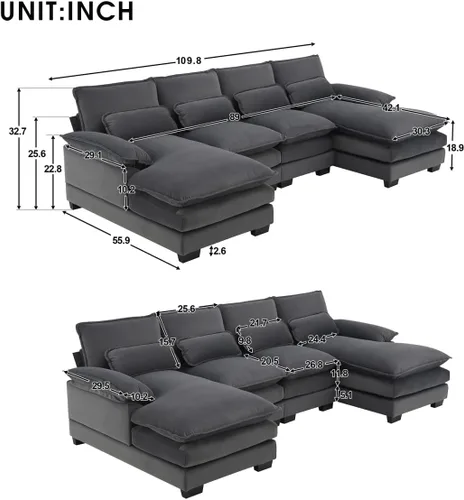 Vista 2 de Sofá modular en forma de U de 109.8 pulgadas con almohadas para la cintura, sofá simétrico tapizado de 6 asientos, sofá cama con diván, color gris