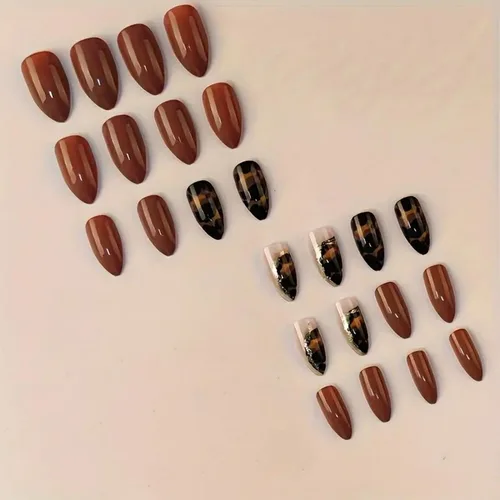 Vista 3 de Uñas postizas a presión de almendra marrón, medianas con diseños de leopardo y purpurina, uñas postizas en forma de almendra otoñal, uñas acrílicas