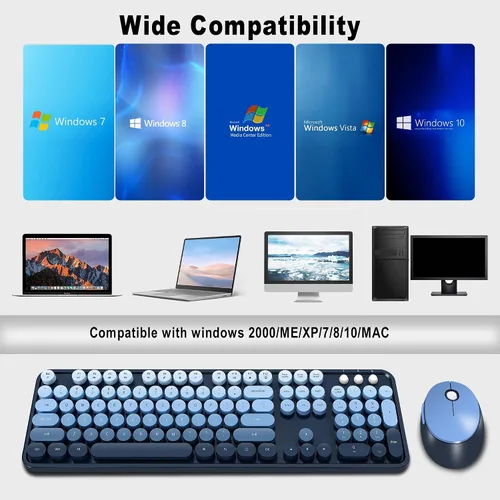 Vista 6 de Combo de teclado y mouse inalámbricos, teclas redondas retro, lindo teclado de tamaño completo, conexión sin abandono de 2.4 GHz y mouse óptico