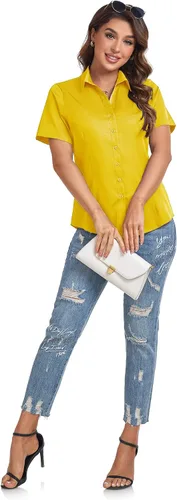Vista 5 de Camisas de manga corta con botones para mujer, ajuste holgado, casual, formal, elástica, para verano