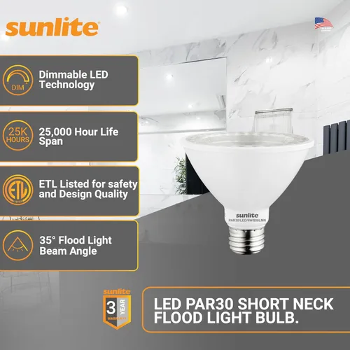 Vista 2 de Sunlite 40982-SU - Bombilla LED PAR30 de cuello corto, 9 vatios, (equivalente a 75 W), 850 lúmenes, base de tornillo medio (E26), regulable, 5000K
