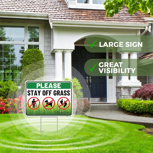 Vista 4 de 2 carteles con estaca, 12 x 9 pulgadas, plástico corrugado, con texto en inglés "Keep Off Dont Walk on Grass - No Dog Pooping Peeing Curb Your Dog