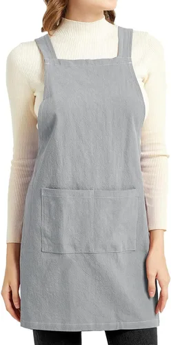 Vista 8 de ELEZAY Delantales para mujer con bolsillos, talla grande, cómodo, espalda cruzada, sin lazo, delantal de lino y algodón Verde