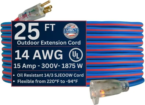 Vista 7 de US Wire 99025 12/3 25 pies SJEOW TPE Cable de extensión para clima frío azul con enchufe iluminado