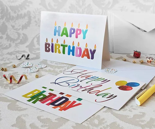 Vista 3 de 100 tarjetas de feliz cumpleaños a granel, surtido grande de 5 x 7 pulgadas, con sobres, calcomanías y saludos simples en el interior para oficina