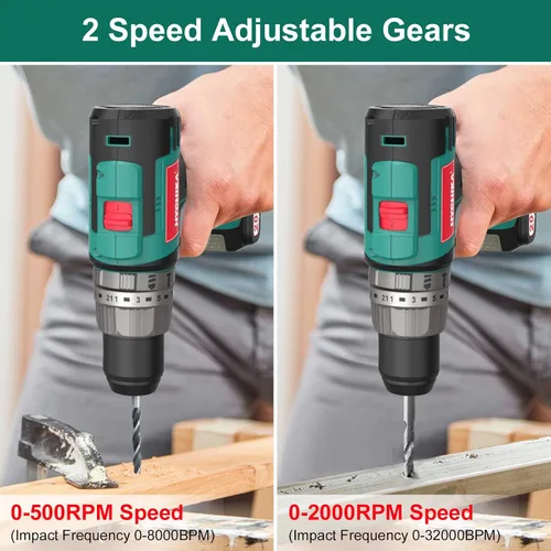 Vista 5 de HYCHIKA - Taladro inalámbrico de 20 V máximo, taladro sin escobillas, par máximo de 530 pulgadas-libras, batería de 2.0 AH cargador rápido de 1 H