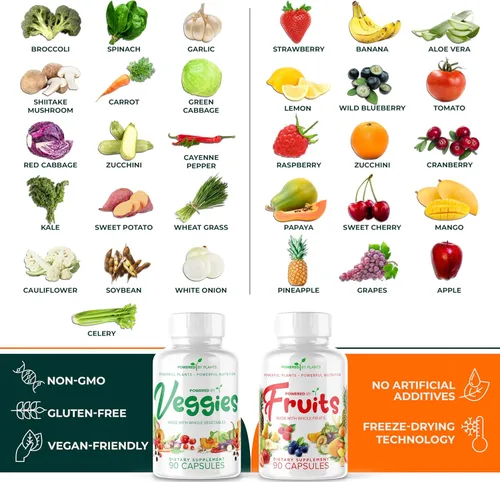 Vista 4 de Suplemento diario de frutas y verduras, 180 cápsulas durante 30 días, superalimento sin OMG y sin gluten con vitaminas naturales, alimentado por