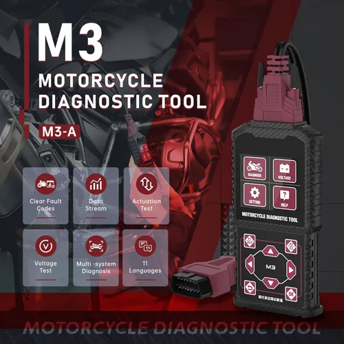 Vista 3 de Herramientas de medición de prueba de diagnóstico del sistema de motocicleta, lectores de códigos de falla de motocicleta M3-A, herramientas