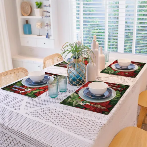 Vista 8 de Juego de 4 manteles individuales con diseño de flor de pascua de Navidad, lavables, impermeables, para decoración de mesa de comedor, 18 x 12