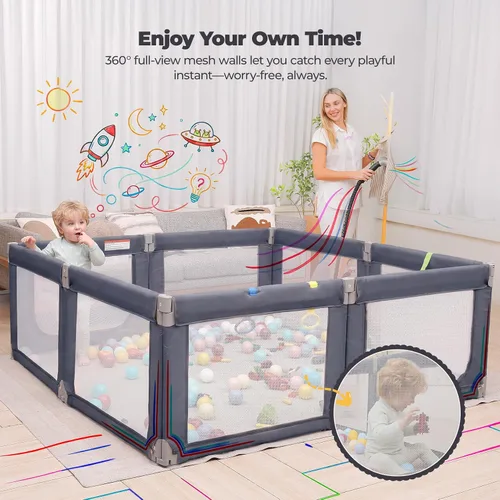Vista 4 de Kidirect Corralito Plegable para Bebés, 71"×69" Corralito Extra Grande para Bebés y Niños Pequeños de 1-3 Años, Patio de Juegos Portátil con 5 Asas