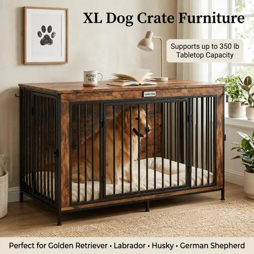 Vista 3 de Mueble de jaula de perro XL de 48 pulgadas para perros grandes y medianos, perrera de madera para interiores con 3 puertas, anillo de bloqueo