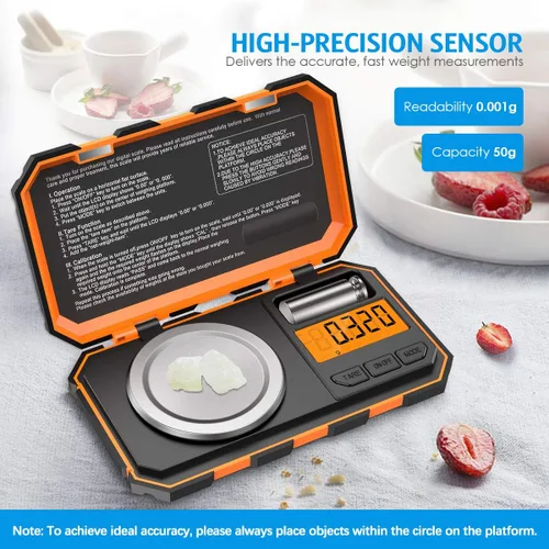 Vista 2 de Báscula digital profesional de miligramo, 1.76 oz (actualizada) báscula de joyería de tamaño de bolsillo de alta precisión máxima, báscula