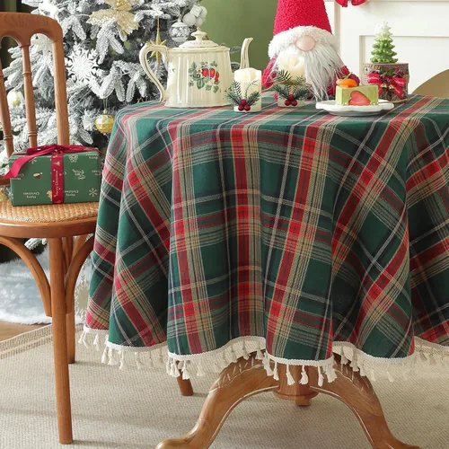 Vista 20 de Laolitou Mantel redondo a cuadros verde, de lino y algodón, con borla, a cuadros de búfalo, lavable, mantel de gingham para sala de estar