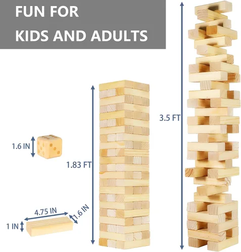 Vista 2 de Megwoz Juegos de torre de caída mediana para niños y adultos, 66 bloques de madera de pino de Nueva Zelanda apilados a 3.5 pies, juegos familiares