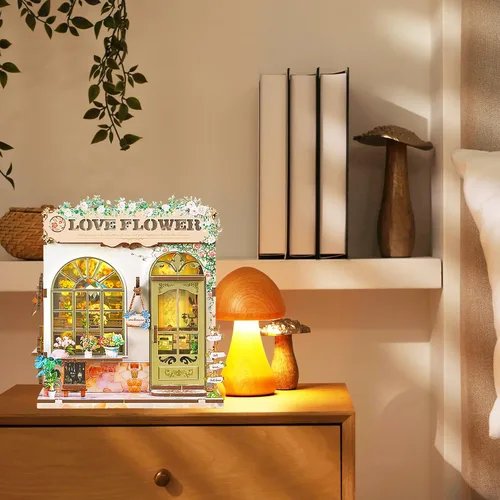 Vista 4 de Kit de rincón de libros – Kit de casa en miniatura de bricolaje con luz LED, rompecabezas de madera 3D, decoración de estantería estilo floristería