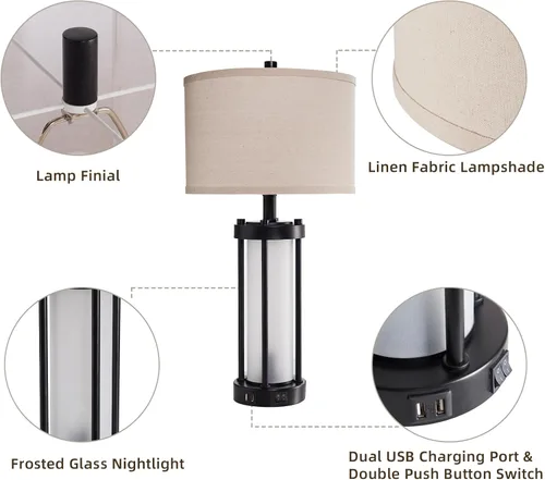 Vista 5 de Lámparas de mesa modernas para sala de estar, lámparas industriales de mesita con 2 puertos USB, lámpara rústica de mesita con luz nocturna