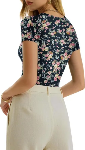 Vista 3 de MANGOPOP - Body de cuello redondo para mujer, manga corta y manga larga, camisetas ajustadas y básicas