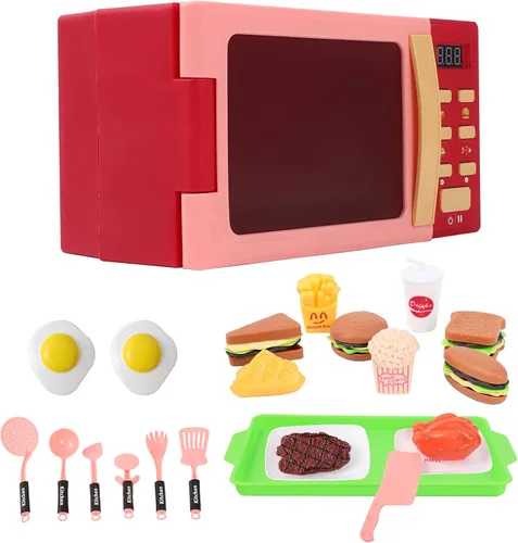Vista 8 de Cuterabit - Juguetes de microondas para niños con luz y sonido, electrodomésticos de cocina realistas, accesorios de cocina de juego y comida