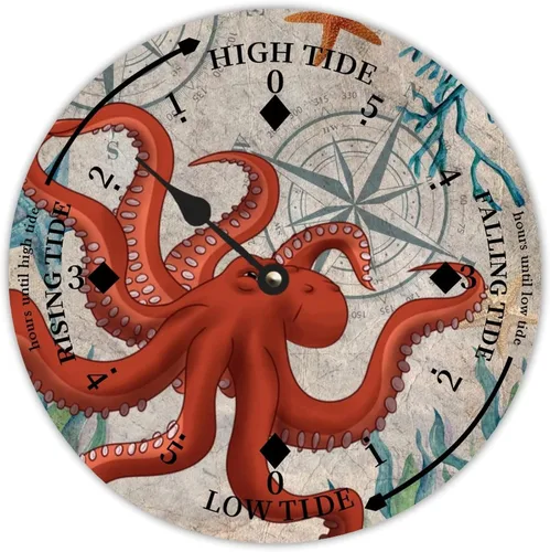 Vista 17 de Reloj de marea de estrella de mar oceánico, silencioso sin tictac, funciona con pilas, reloj de marea de madera, arte de pared, reloj de movimiento