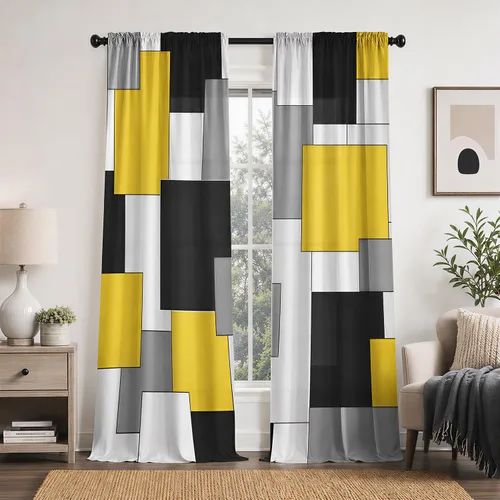 Vista 18 de Cortinas negras y grises para sala de estar, 63 pulgadas de largo, cortinas geométricas modernas, negras, blancas, grises, abstractas, con bolsillo