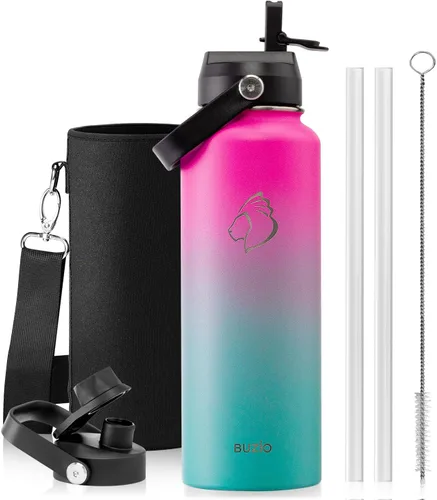 Vista 55 de BUZIO Botella de agua aislada de 24 oz, frasco de agua de boca ancha de acero inoxidable con tapa de pajita, frío durante 48 horas a prueba de Negro