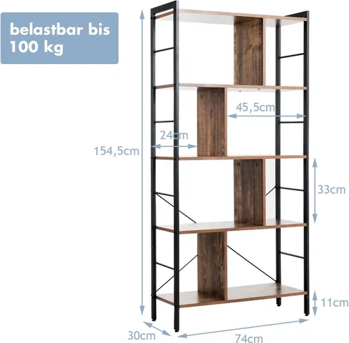 Vista 3 de Estantería industrial de 4 niveles, estante de almacenamiento de 61 pulgadas de alto con marco de metal, estantería vintage de madera y metal