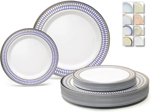 Vista 12 de OCASIONES" Paquete de 50 platos (25 invitados) - Juego de platos de plástico desechables pesados para fiestas de boda - 25 x 10.5'' cena + 25 x