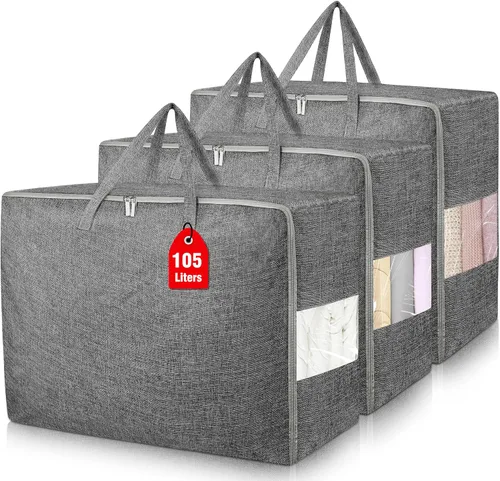 Vista 9 de Bolsas de almacenamiento extra grandes de 105 litros, plegables para manta de edredón, organizadores de armario y contenedores de almacenamiento