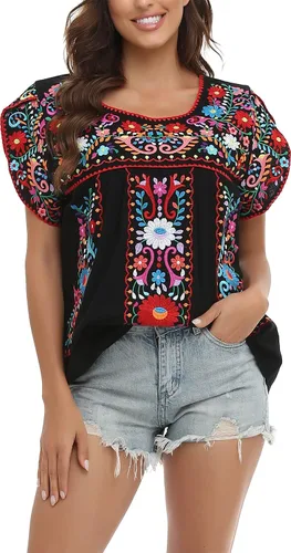 Vista 8 de YZXDORWJ Blusa de verano para mujer, estilo bohemio, estilo mexicano, con bordado, estilo bohemio