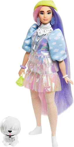 Vista 6 de Muñeca Barbie Extra y accesorios con aspecto brillante, cabello de fantasía rosa y morado y gorro de neón con cachorro mascota Blanco
