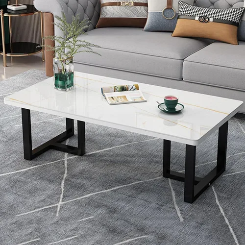 Vista 10 de Mesa auxiliar rectangular de mármol sintético, escritorio de vidrio templado y patas de metal, moderna mesa de té, mesa de té para sala de estar