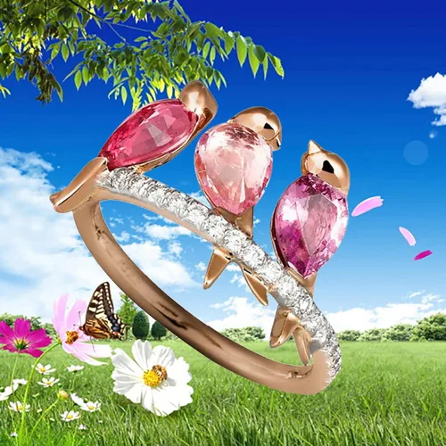 Vista 3 de Washranp Exquisito anillo de estilo fresco para mujer, pareja, anillos de amor creativos, 3 pájaros, animales, diamantes de imitación, fiesta