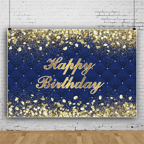 Vista 2 de Renaiss Telón de Fondo Banner de Feliz Cumpleaños de 5x3 pies Diamantes Reales Dorado Azul Fondo de Fotografía para Hombres Mujeres Fiesta