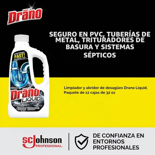 Vista 2 de Drano Removedor de obstrucciones líquido, transparente, 32 onzas líquidas, paquete de 12