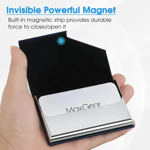 Vista 4 de MaxGear Tarjetero de visita portatarjetas de metal para mujeres y hombres cartera delgada de piel sintética y acero inoxidable bolsillo