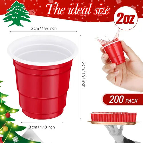 Vista 2 de Yinkin 200 vasos de chupito de plástico de Navidad a granel de 2 onzas, mini vasos de chupito desechables, mini vasos de chupito para muestras