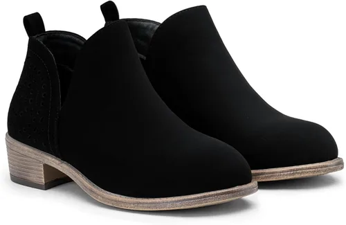 Vista 4 de VEPOSE botas al tobillo para mujer con tacón bajo y grueso, con perforaciones, botas de vaquero