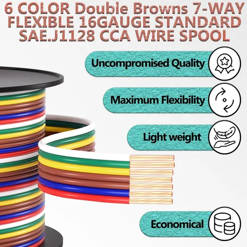 Vista 6 de SUZCO 400 pies suficientes 16AWG CCA【2 cables marrones】 6 cables con código de color 6 vías 7 cables enlazados para remolque de RV, caravanero