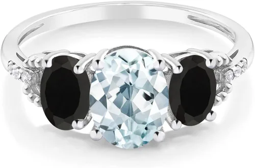 Vista 2 de Gem Stone King 10K White Gold Diamond Accent 3-Stone Engagement Ring set with 1.93 Ct Oval Sky Blue Aquamarine Black Onyx (Available 5,6,7,8,9)