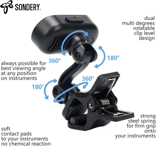 Vista 5 de Sondery afinador de guitarra y ukelele con clip recargable, pantalla TFT simple de fácil lectura, afinación extremadamente rápida y precisa