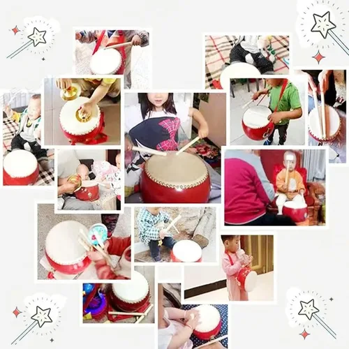 Vista 4 de Tambores Percusión Tambor Chino Tambor Mano Pandereta Taiko Bongos Regalos Musicales Instrumentos Para Niños Conjunto de Aprendizaje Sensorial Niño