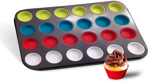 Vista 2 de Baketivity Molde para magdalenas de 12 tazas con forros de silicona multicolor para magdalenas, sartén antiadherente de acero al carbono de alta