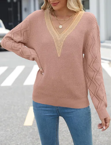 Vista 4 de MIROL Suéter de encaje guipur para mujer, cuello en V, manga larga, tejido de ganchillo, casual, para otoño