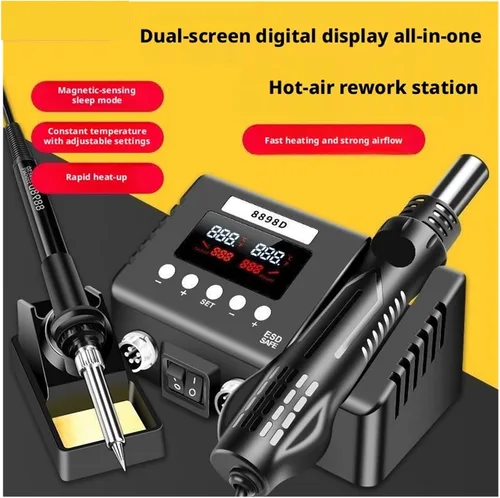 Vista 2 de Soldering Iron Station, Smart 2-in-1 SMD Rework Soldering Station 8898D, Dual Digital Display Hot Air Gun & Iron Kit