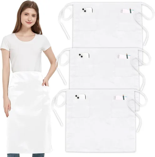 Vista 20 de Paquete de 3 delantales de cintura con 3 bolsillos, delantales de camarero unisex negros, delantales resistentes al agua para restaurante, chef y bar