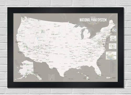 Vista 13 de Póster de unidades del sistema de parques nacionales de EE. UU., mapa de 24 x 36 pulgadas (beige y azul claro)