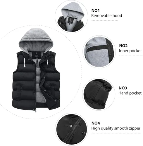 Vista 4 de Wantdo Chaleco de invierno grueso para hombre chaqueta acolchada resistente al agua chaleco grueso con capucha extraíble